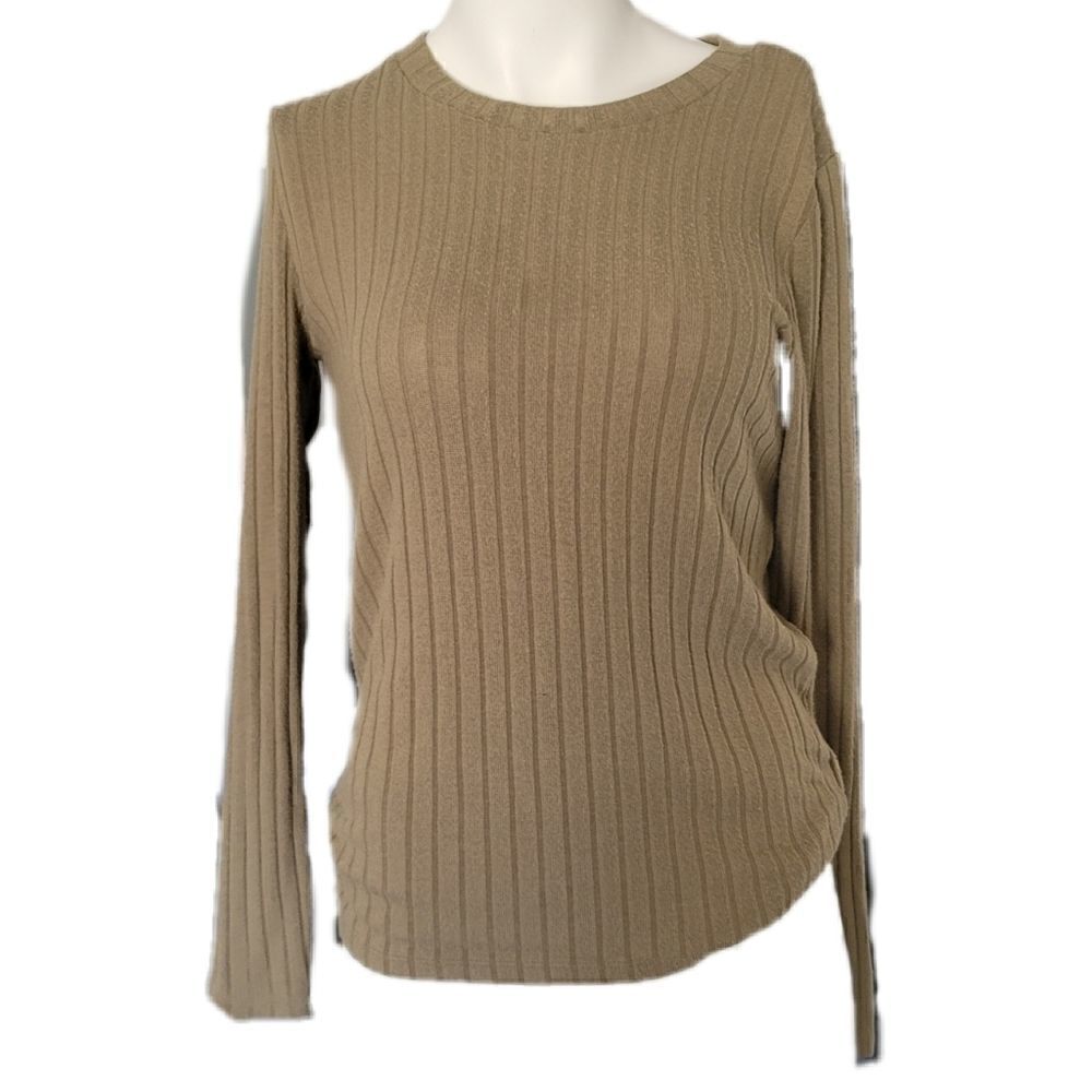 Olive green ribbed long sleeve shirt crew neck top